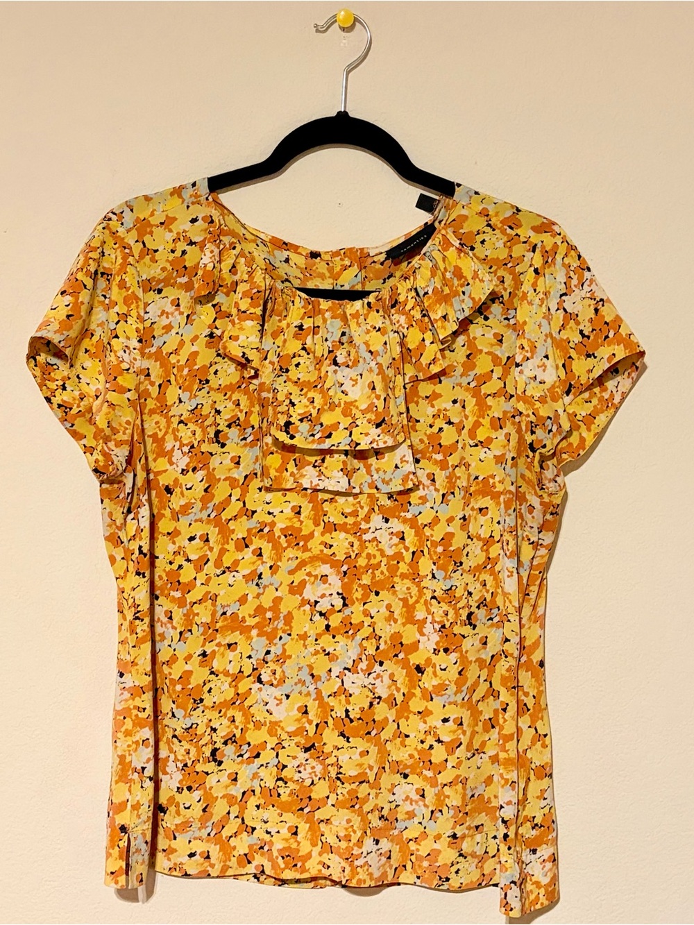 Yellow Orange Abstract Floral Ruffle Neck Blouse